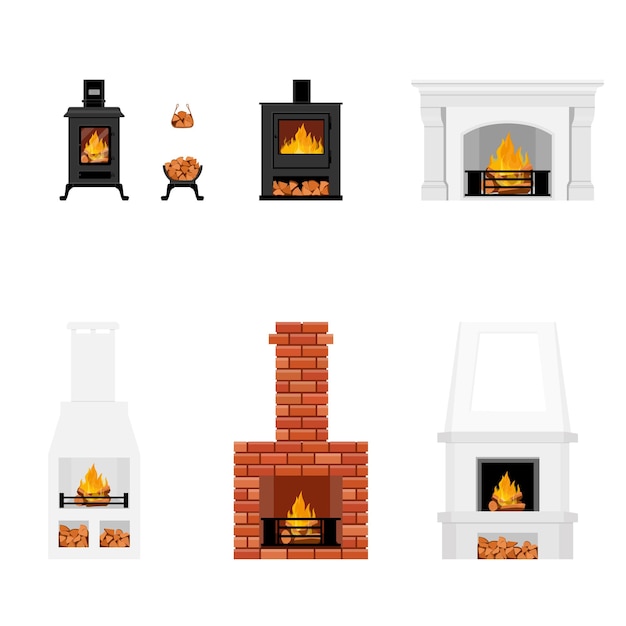 Vector conjunto de chimeneas y hogares colección de varias chimeneas de fuego y leña