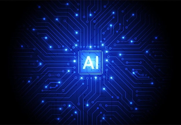 Conjunto de chips de inteligencia artificial en la placa de circuito en ilustraciones de tecnología de concepto futurista para la cubierta de la tarjeta de banner web Ilustración vectorial