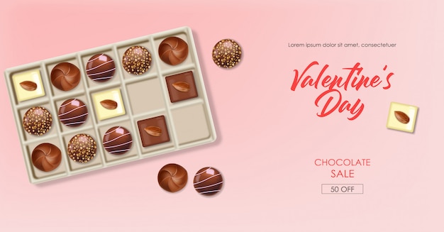 Vector conjunto de chocolate realista, caja de chocolate, postre delicioso, día de san valentín, amor, pancarta de venta de colección de bombones de chocolate vista superior