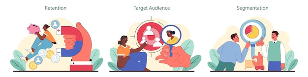 Conjunto de ciclo de vida del cliente guía visual para la retención del cliente identificando el público objetivo y el mercado