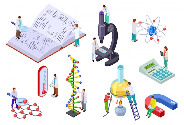 Conjunto de ciencia isométrica. Científico y estudiante con gran equipo de laboratorio de química y física. Ciencia laboratorio educación 3d vector set