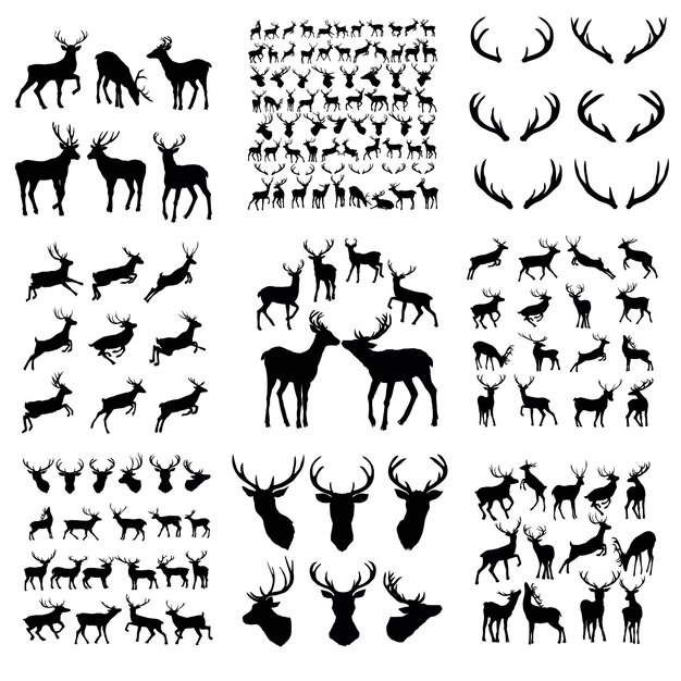Conjunto de ciervos Ciervo silueta negra aislado en blanco Ilustración vectorial dibujada a mano salto de ciervo