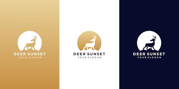 Conjunto de ciervos en la plantilla de diseño de logotipo al atardecer