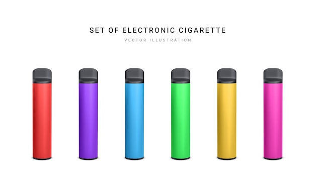 Conjunto de cigarrillos electrónicos desechables realistas 3d aislados en fondo blanco Fumar moderno vapeo y nicotina con diferentes sabores Ilustración vectorial