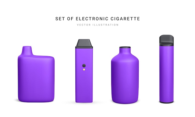 Conjunto de cigarrillos electrónicos desechables realistas 3d aislados en fondo blanco Fumar moderno vapeo y nicotina con diferentes sabores Ilustración vectorial