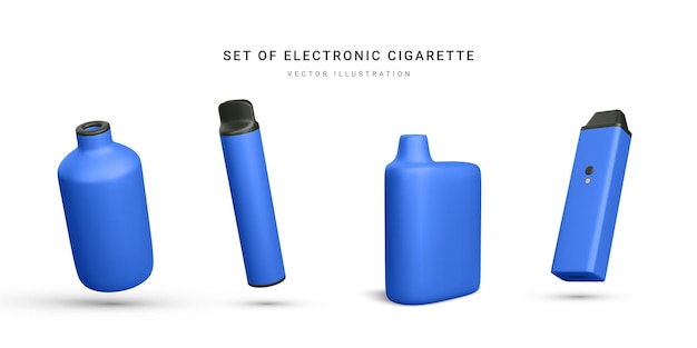 Vector conjunto de cigarrillos electrónicos desechables realistas 3d aislados en fondo blanco fumar moderno vapeo y nicotina con diferentes sabores ilustración vectorial