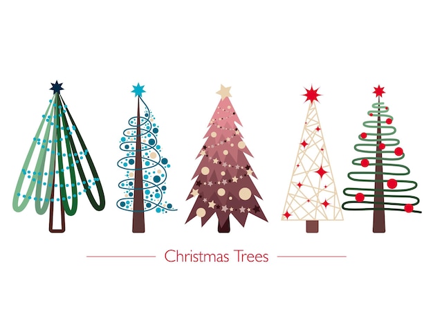 el conjunto de cinco árboles platos simples y coloridos para decoraciones de Navidad