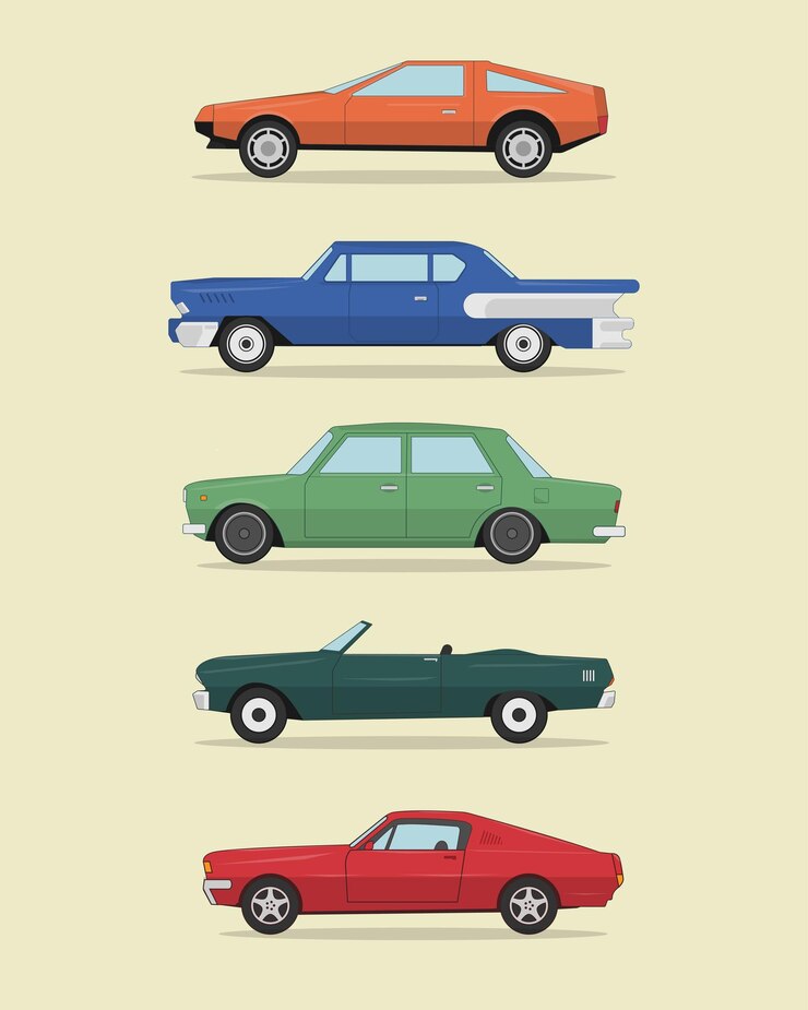 Vector conjunto de cinco autos clásicos diseño retro de autos antiguos años 90 años 80 nostalgia recuerdos diseño de vehículos