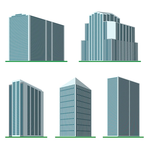 Conjunto de cinco edificios modernos de gran altura sobre un fondo blanco Vista del edificio desde la parte inferior Ilustración vectorial isométrica xA