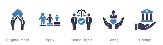 Un conjunto de cinco iconos comunitarios como equidad de vecindario derechos humanos