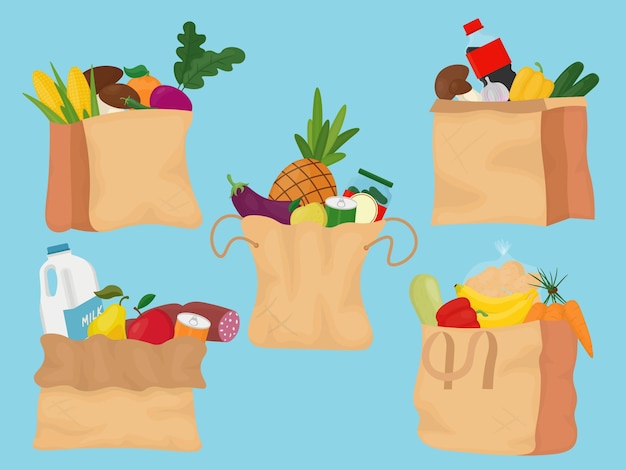 Conjunto de cinco imágenes en color de paquetes con frutas, verduras y otros alimentos.