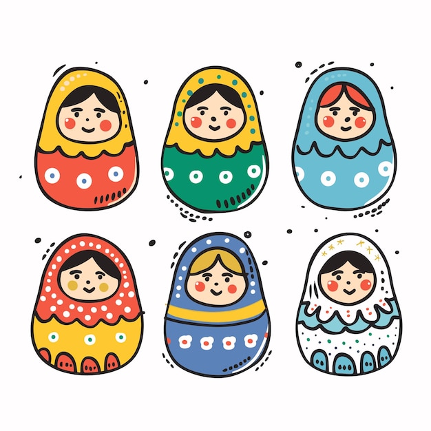 Conjunto de cinco muñecas matrioshka rusas coloridas muñecas de nido de madera tradicionales decoradas con folk