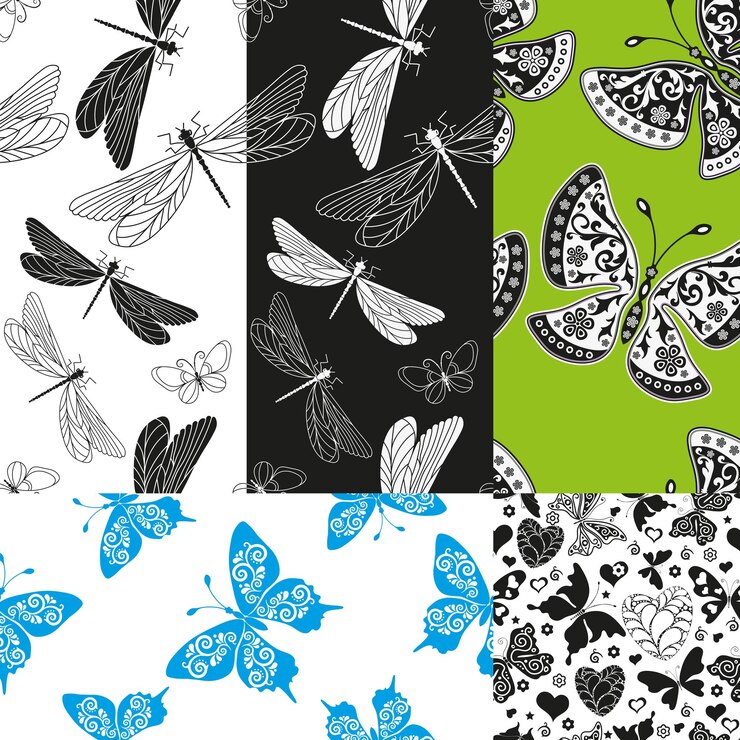 Vector conjunto de cinco patrones sin fisuras de vector con mariposas