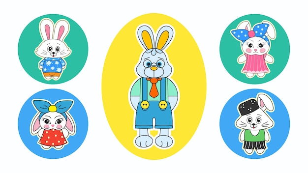 Conjunto de cinco pegatinas vectoriales al estilo de los años 2000 en forma de lindos conejos, símbolo del nuevo año