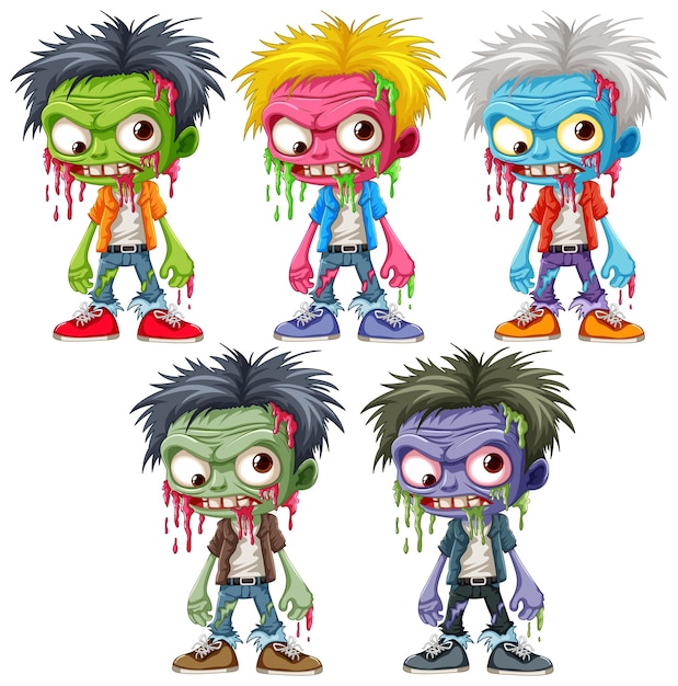 Conjunto de cinco personajes de dibujos animados zombies