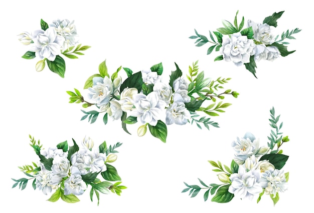 Conjunto de cinco ramos de flores blancas dibujadas a mano.