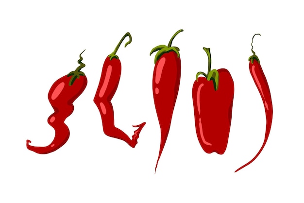 Conjunto, de, cinco, vector, mano, dibujado, chiles