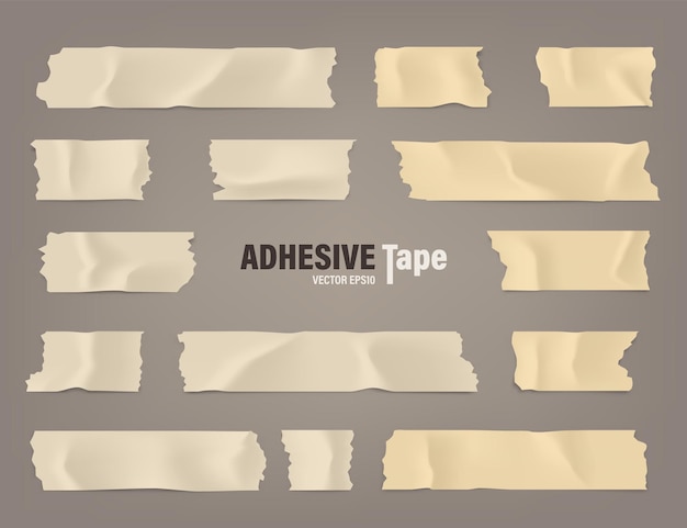 Conjunto de cinta adhesiva realista tiras de papel de conducto escocés pegajoso en ilustración vectorial de fondo marrón