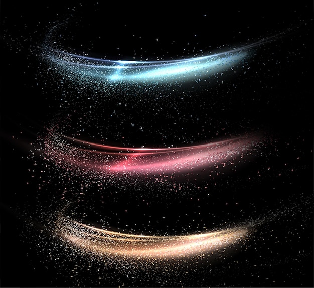 Conjunto de cinta brillante aislada con pequeños adornos en fondo negro elemento de diseño