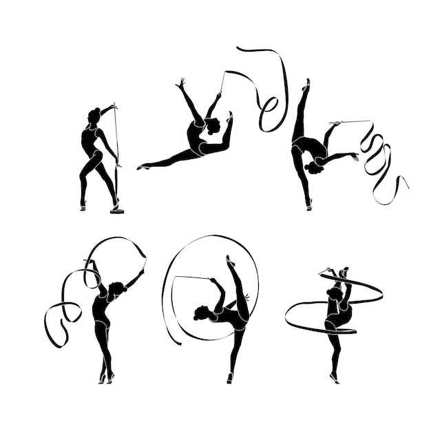 Conjunto de cinta de gimnasia rítmica vector de silueta plana Atleta femenina de gimnasia rítmica icono negro