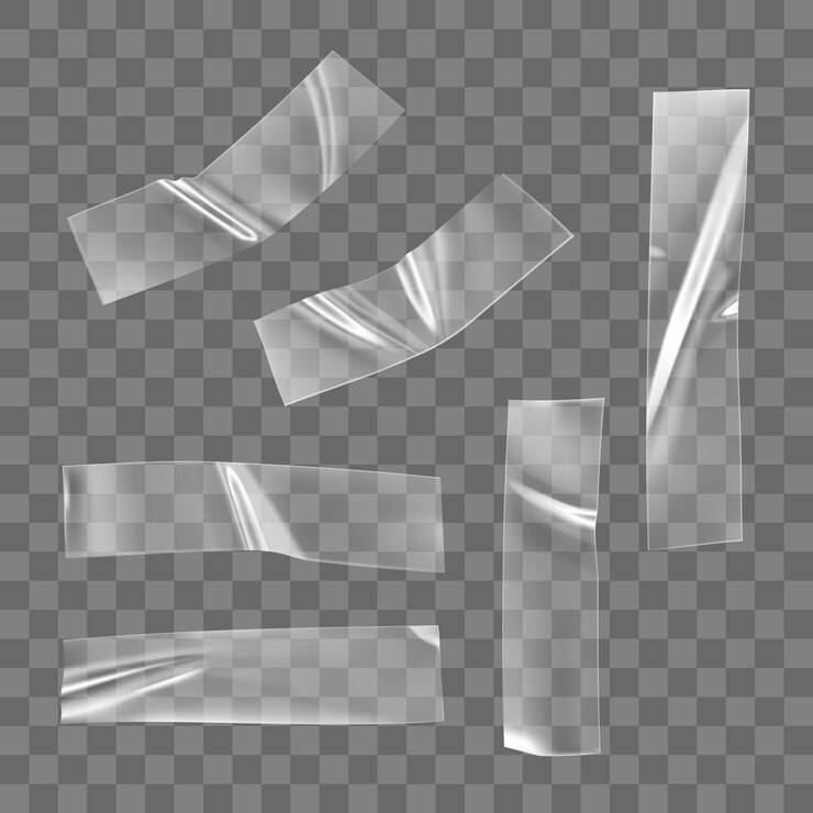 Vector conjunto de cinta de plástico adhesivo transparente aislado. cinta adhesiva de plástico con pegamento arrugado para accesorios de fotos y papel. tiras arrugadas realistas aisladas