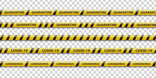conjunto de cinta de precaución de cuarentena realista con rayas amarillas y negras para decoración en el fondo transparente. Concepto de precaución pandémica.