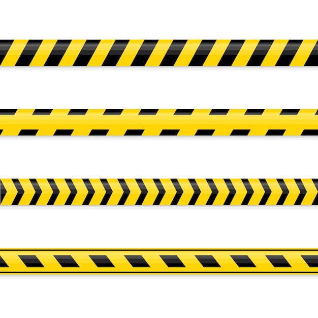 Conjunto de cintas de advertencia amarillas y negras transparentes aisladas sobre fondo blanco. Línea de aislamiento policial, señales de peligro, no cruzar, advertencia, precaución. Cinta de construcción de barricada. Ilustración vectorial.
