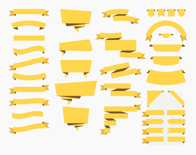 Conjunto de cintas amarillas, pancartas, insignias y etiquetas aisladas en un fondo en blanco, elementos con spa