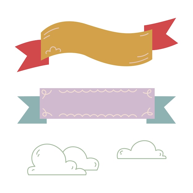 Conjunto de cintas de banner para texto. silueta de nubes por línea. vector, ilustración, aislado, blanco, plano de fondo clipart