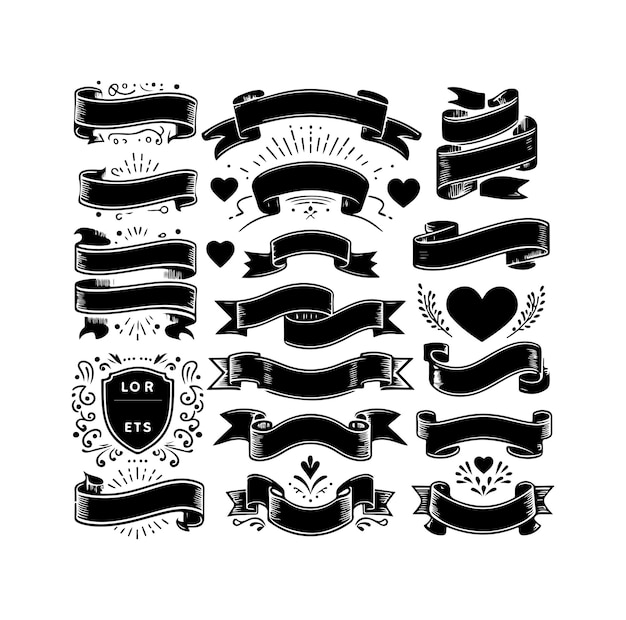 Conjunto de cintas en blanco de época Insignia bandera de cintas de bandera ilustración de elementos de diseño de estallido de sol