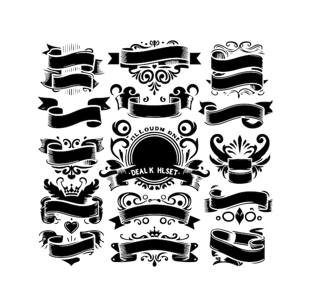 Conjunto de cintas en blanco de época Insignia bandera de cintas de bandera ilustración de elementos de diseño de estallido de sol