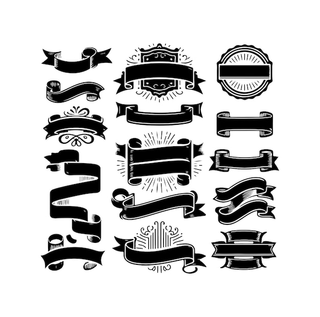 Conjunto de cintas en blanco de época Insignia bandera de cintas de bandera ilustración de elementos de diseño de estallido de sol