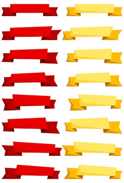 Conjunto de cintas de dibujos animados rojos y amarillos y pancartas para diseño web. Gran elemento de diseño aislado sobre fondo blanco. Ilustración vectorial.