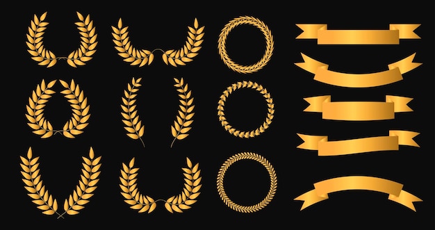 Conjunto de cintas doradas coronas de laurel de diferentes formas Vector