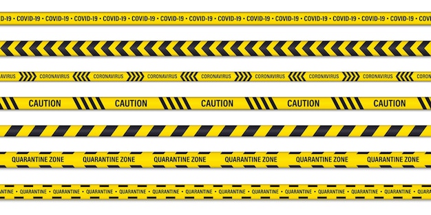 Conjunto de cintas inconsútiles de precaución de peligro o advertencia. cinta de precaución de cuarentena. franja de peligro de coronavirus. peligro de covid-19, cinta de atención. brote de coronavirus nuevo, bloqueo global, riesgo biológico