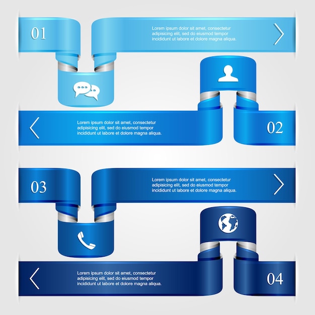 Conjunto de cintas infográficas rizadas azules con iconos opciones numeradas opciones de negocio de diseño moderno