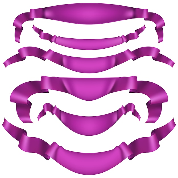 Conjunto de cintas de raso púrpura aislado en blanco.