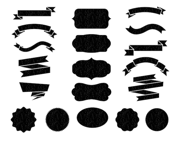 Vector conjunto de cintas vintage siluetas negras banderas en blanco e insignias pancartas varias formas cinta de remolino con etiqueta de espacio de copia y plantilla de logotipo de tipografía de marco decorativo conjunto de diseño de iconos vectoriales