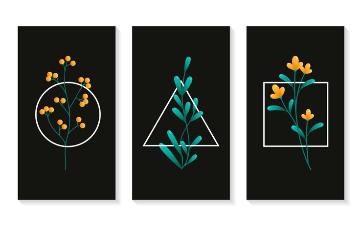Vector conjunto de círculo triangular rectangular y decoración de pared de rama de flor sobre tema negro