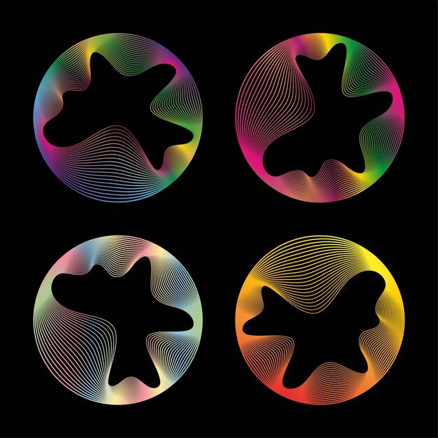 Conjunto de círculos brillantes de curva redonda de color neón con líneas dinámicas onduladas aisladas sobre fondo negro