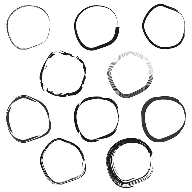 Conjunto de círculos dibujados a mano Formas redondas abstractas Esbozos en blanco y negro Ilustración vectorial