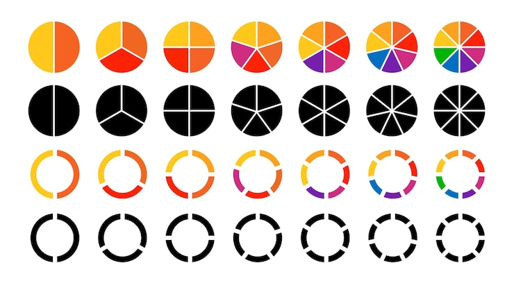 Vector conjunto de círculos de diferentes colores aislados diagramas de pie conjunto de círculos elemento infográfico forma redonda ilustración vectorial