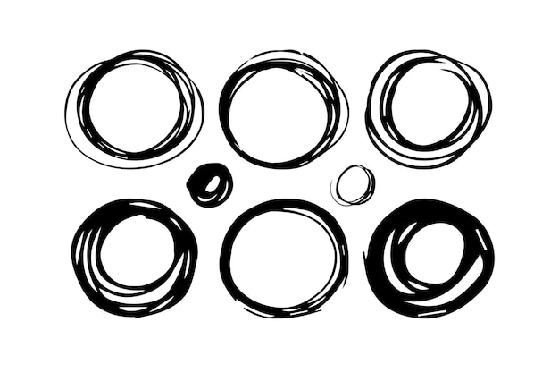 Conjunto de círculos de garabatos negros dibujados a mano. Círculo de tinta de mano. Ilustración vectorial. Plano