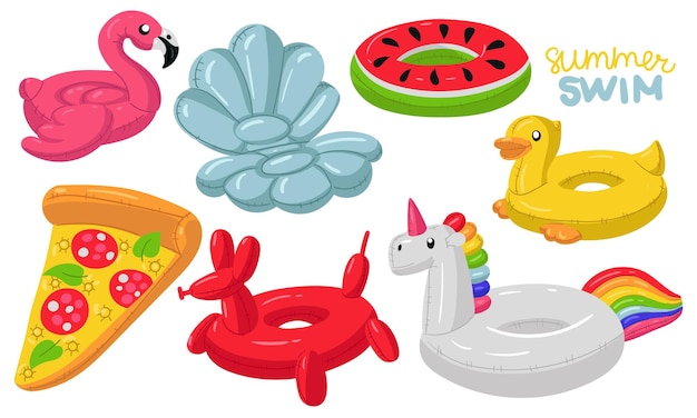 conjunto de círculos de natación en forma de Flamingo concha de gallina sandía unicornio pizza inflable perro pato