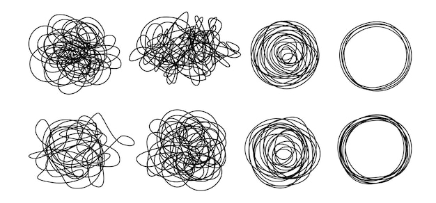 Vector conjunto de círculos redondos y garabateados dibujados a mano con una línea delgada aislada sobre un fondo blanco ilustración vectorial