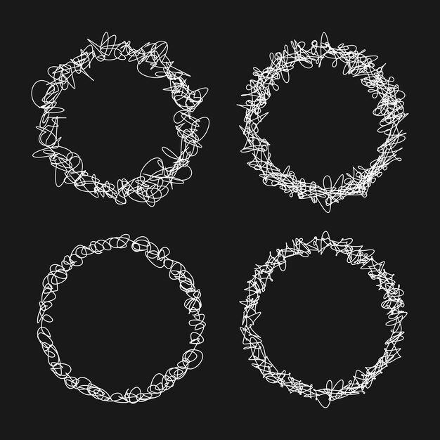 Conjunto de círculos redondos garabateados con efecto de pizarra dibujados a mano con una línea delgada sobre un fondo negro Ilustración vectorial