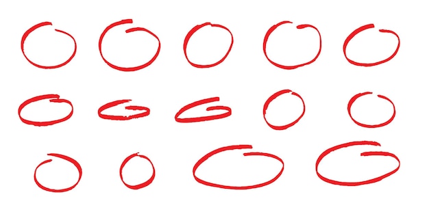 Conjunto de círculos de resaltado Óvalos de doodle dibujados a mano Marcador rojo boceto Destacando texto e importante