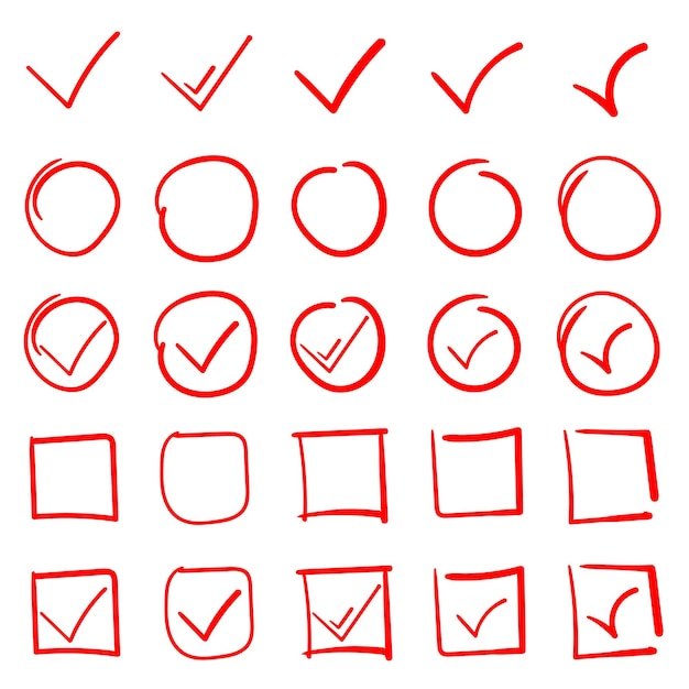 Conjunto de círculos rojos resaltados dibujados a mano e iconos de marca de verificación vector gratuito