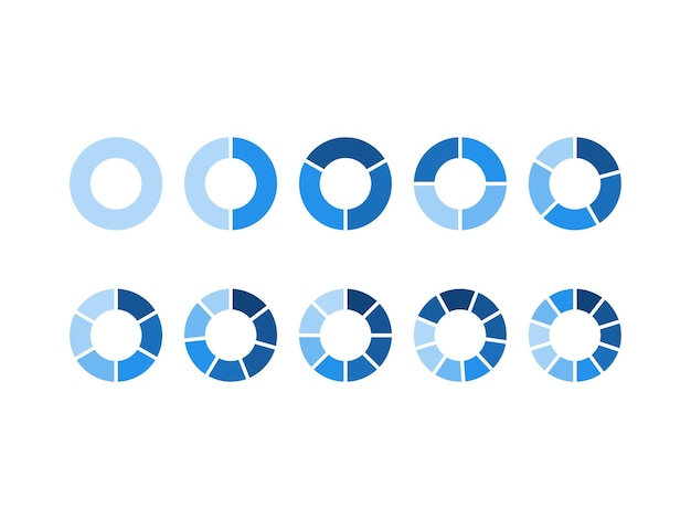 conjunto de círculos segmentados Un número diferente de sectores divide el círculo en partes iguales vector