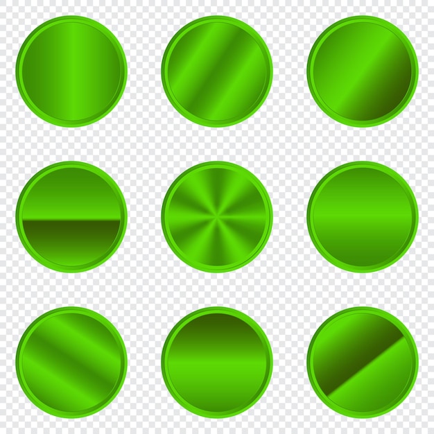 Conjunto de círculos verdes metálicos Botón de círculo verde metálico de lujo Círculo verde metálico Botón de metal realista Colección de círculos verdes Ilustración vectorial